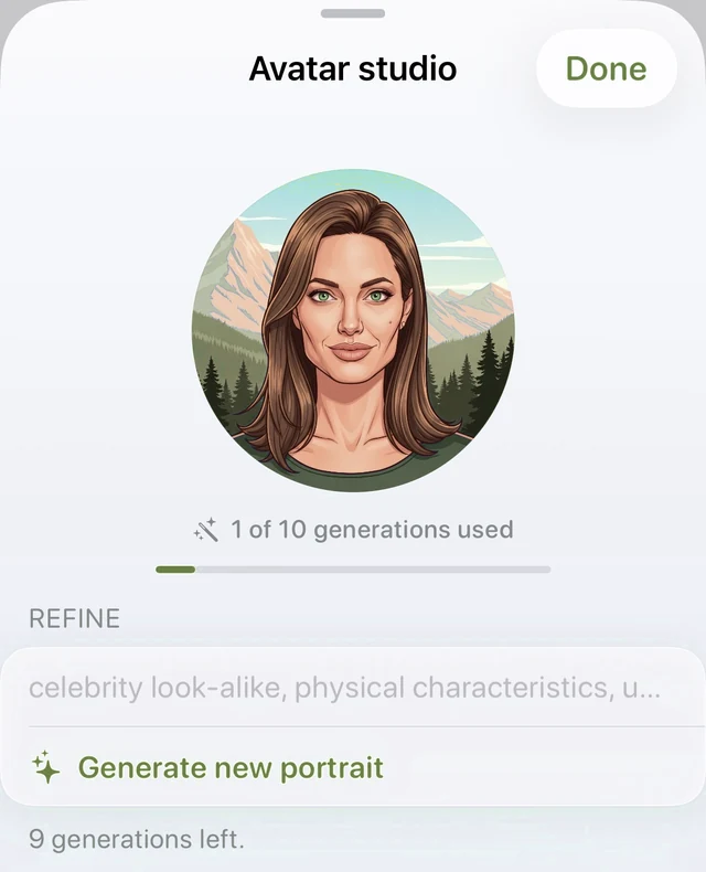 Avatar studio: an illustrated portrait drawn from your spoken description, with a refine field to sharpen it