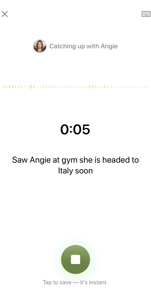 Voice capture in progress: a live transcription of what you're saying about the person you just met