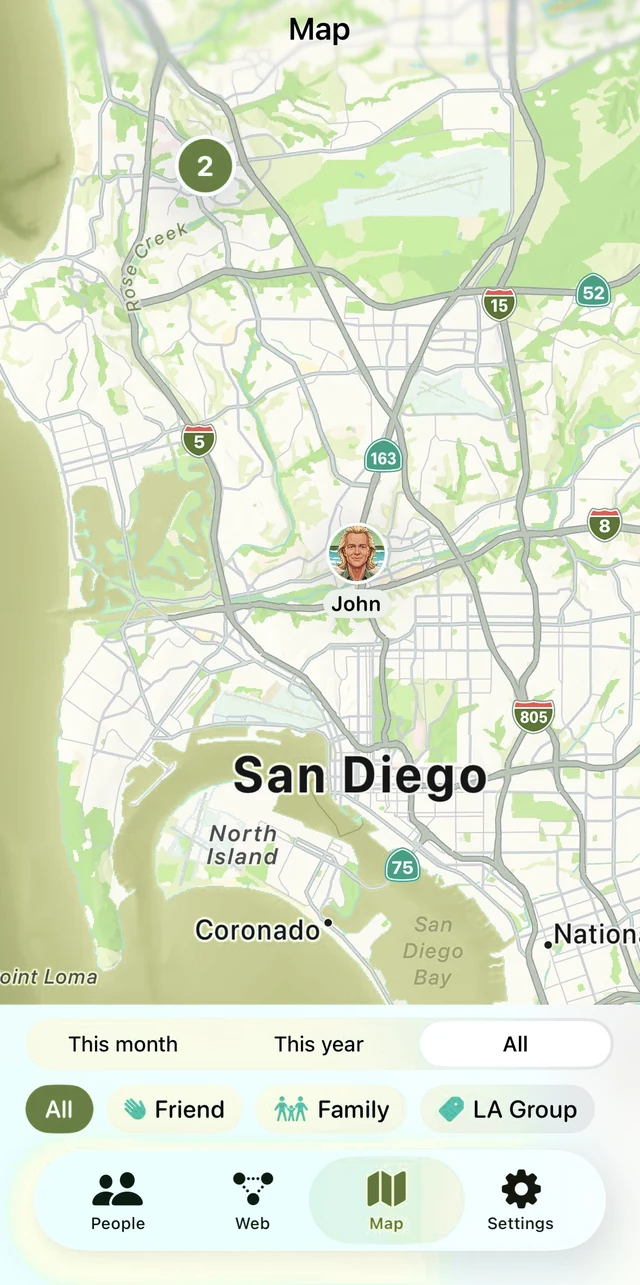 The meeting map: a sage-toned map of San Diego with pins for the people you've met and filters by time and group