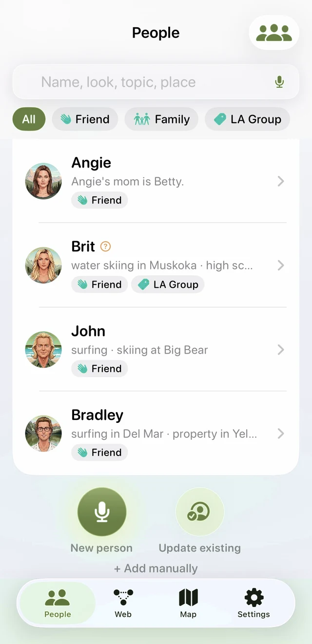 The People screen: a searchable list of everyone you've met, each with an illustrated portrait and the details you mentioned last time