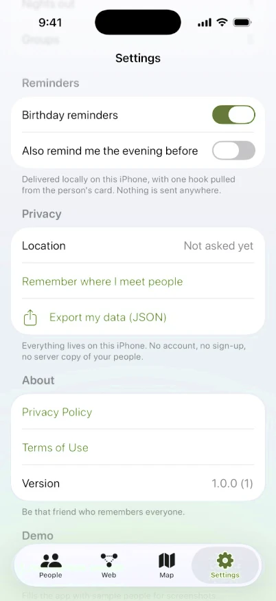 Settings screen: birthday reminders delivered locally, location not asked yet, and a one-tap JSON export of your data